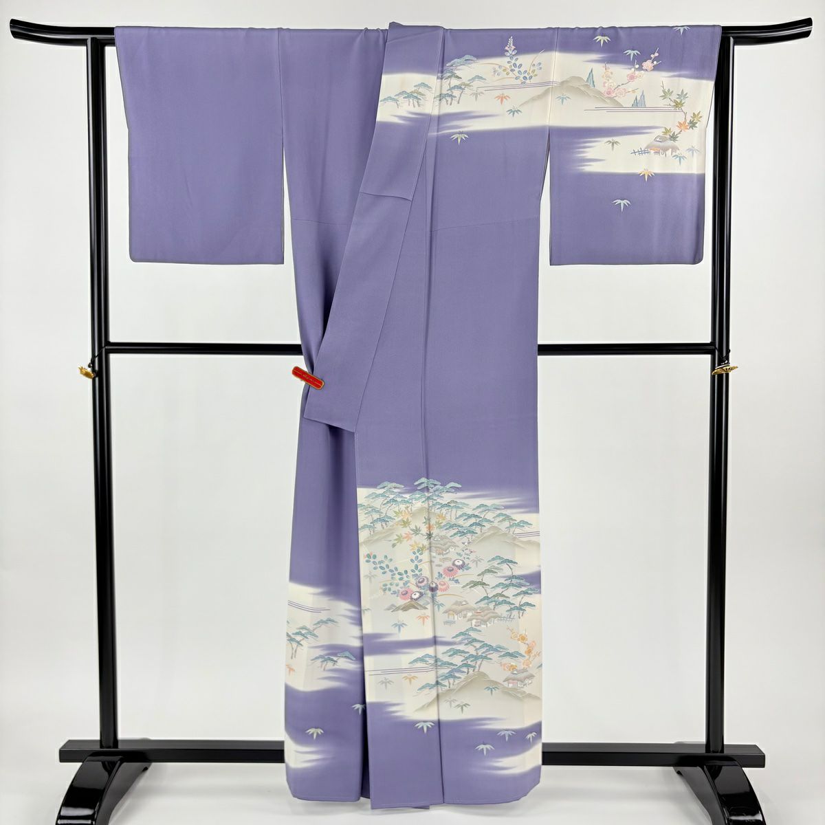 訪問服 身長160cm 袖長67cm M 雙層 清染居 上野街子 落款あり 松樹竹子梅花 建物 漸層 灰紫 純蠶絲 逸品級 一つ紋