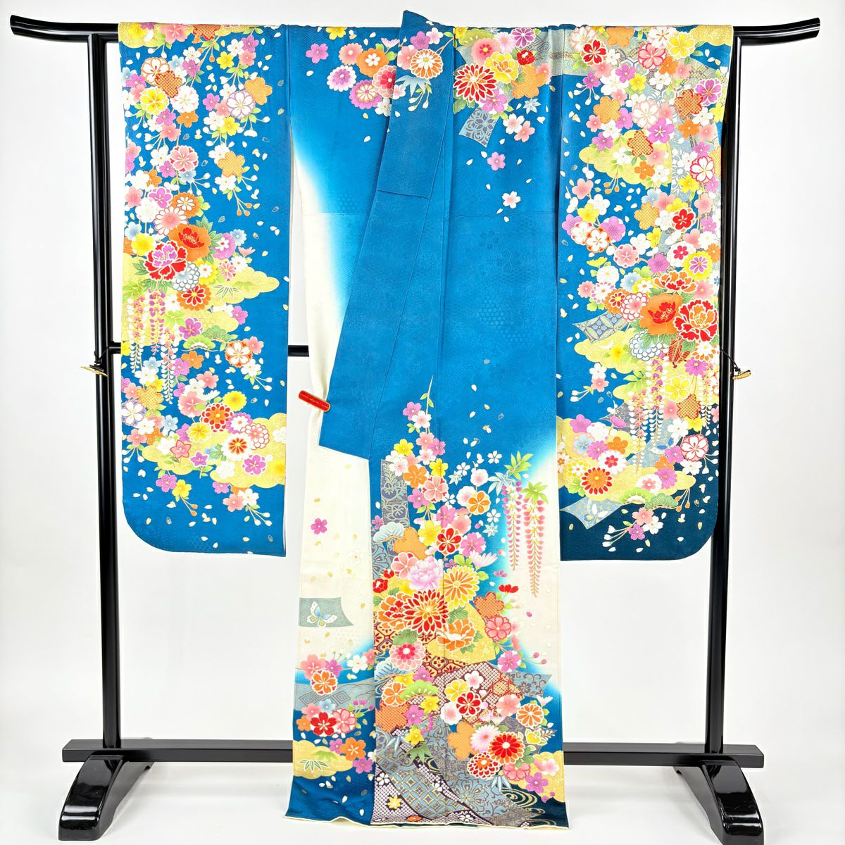 【美品】振袖禮服 身長169.5cm 袖長68cm L 雙層 菊花 短冊 金銀彩 青綠 純蠶絲 逸品級