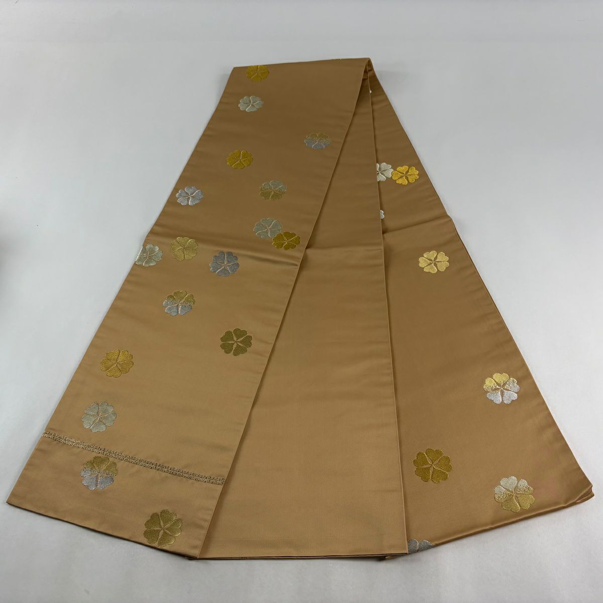 【美品】 袋帶 逸品級 龍村晋 落款あり 花 金銀糸 薄茶 全通 純蠶絲