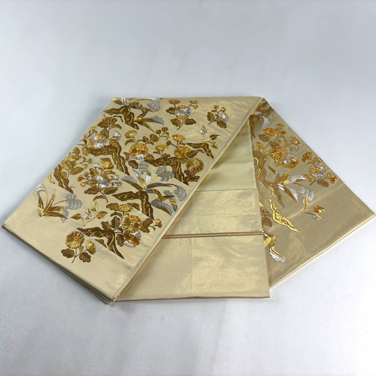 袋帶 逸品級 菊花花 金銀彩 刺繡 米色 大鼓圖案 純蠶絲