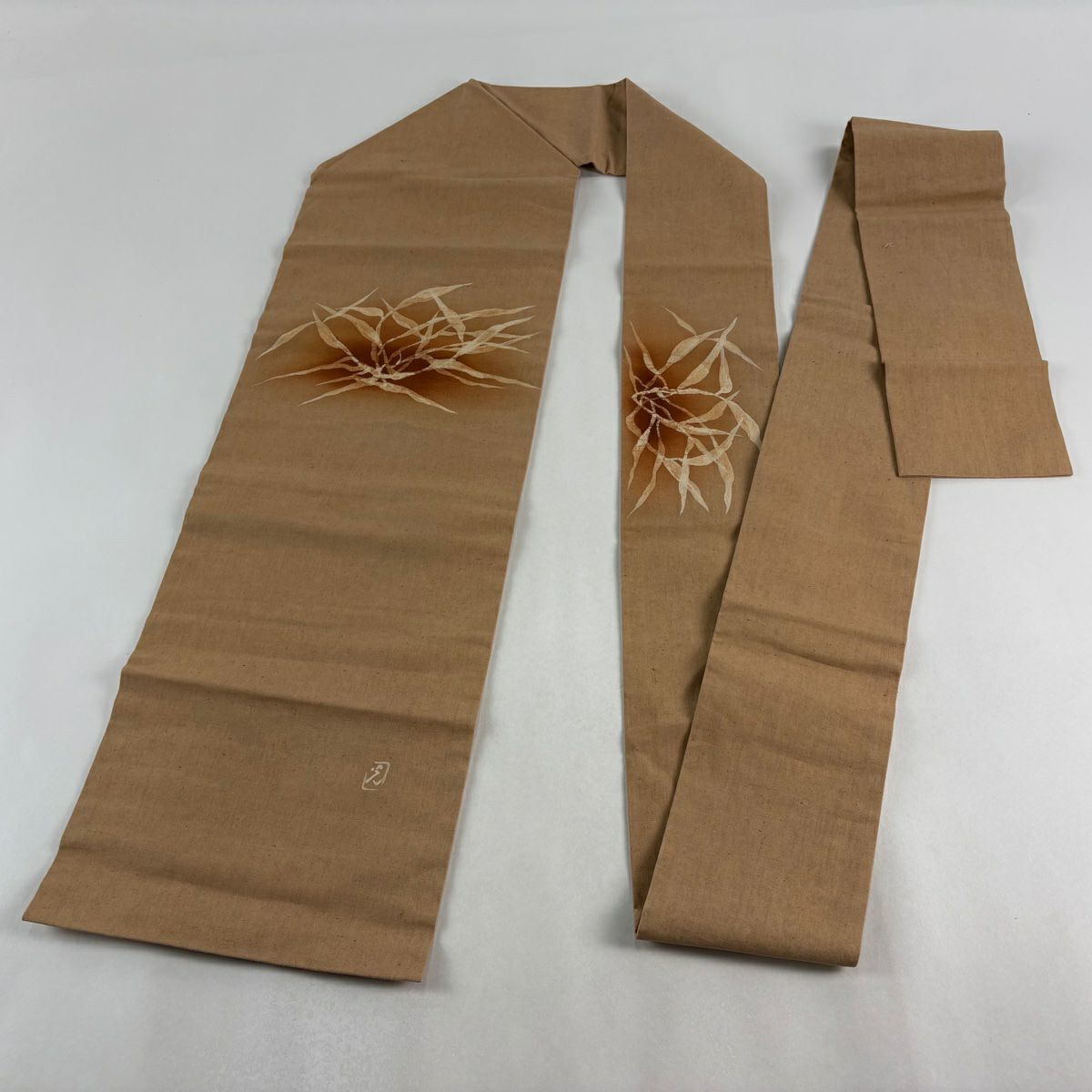 【美品】 名古屋帶 優品級 附落款 紬織織 葉紋 茶 純蠶絲