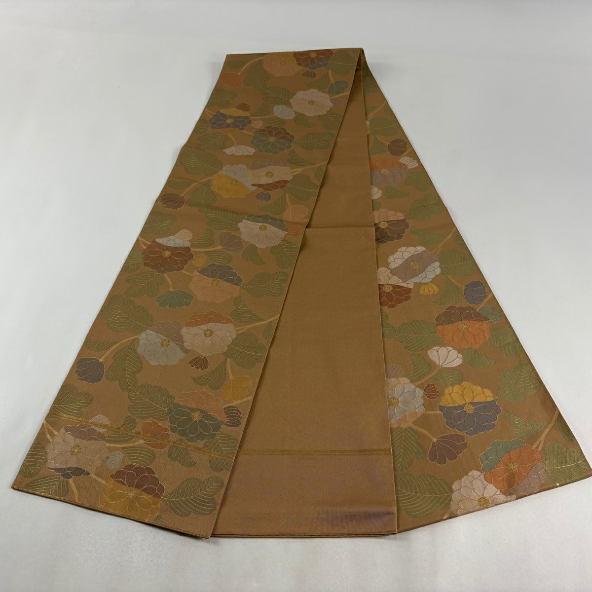 【美品】 袋帶 秀品級 關西仕立 雛菊花 金金箔 黃土 純蠶絲