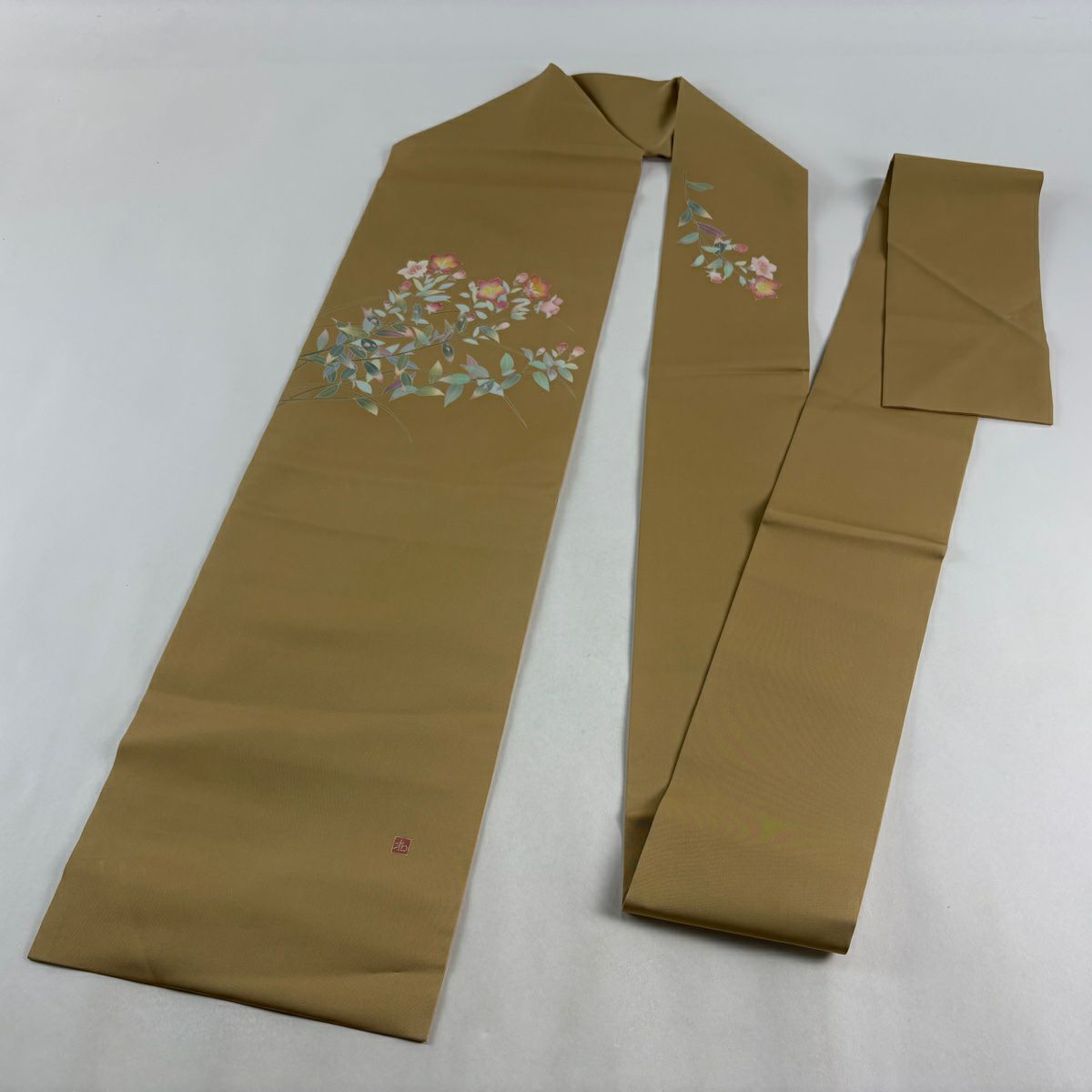 【美品】名古屋帶 秀品級 附落款 枝花 米色 純蠶絲