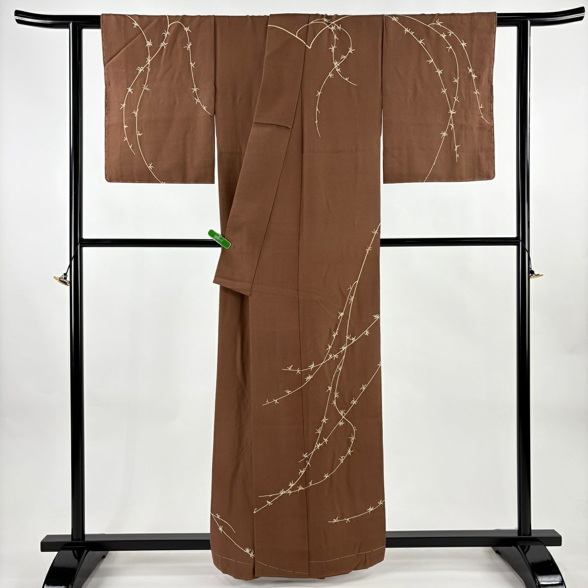 訪問服 身長161.5cm 袖長63cm S 雙層 由水煌人 落款あり 葉柄 茶 純蠶絲 逸品級 一つ紋