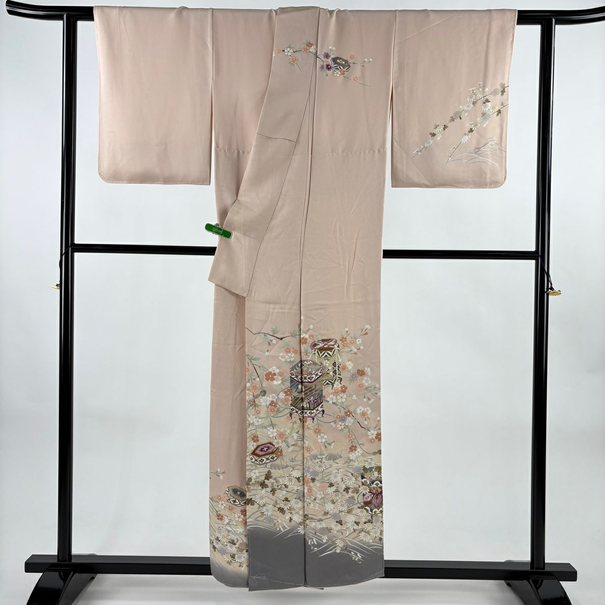訪問服 身長156.5cm 袖長62cm S 雙層 帝王紫 落款あり 貝桶 櫻花 刺繡 金銀彩 薄粉色 純蠶絲 逸品級 一つ紋