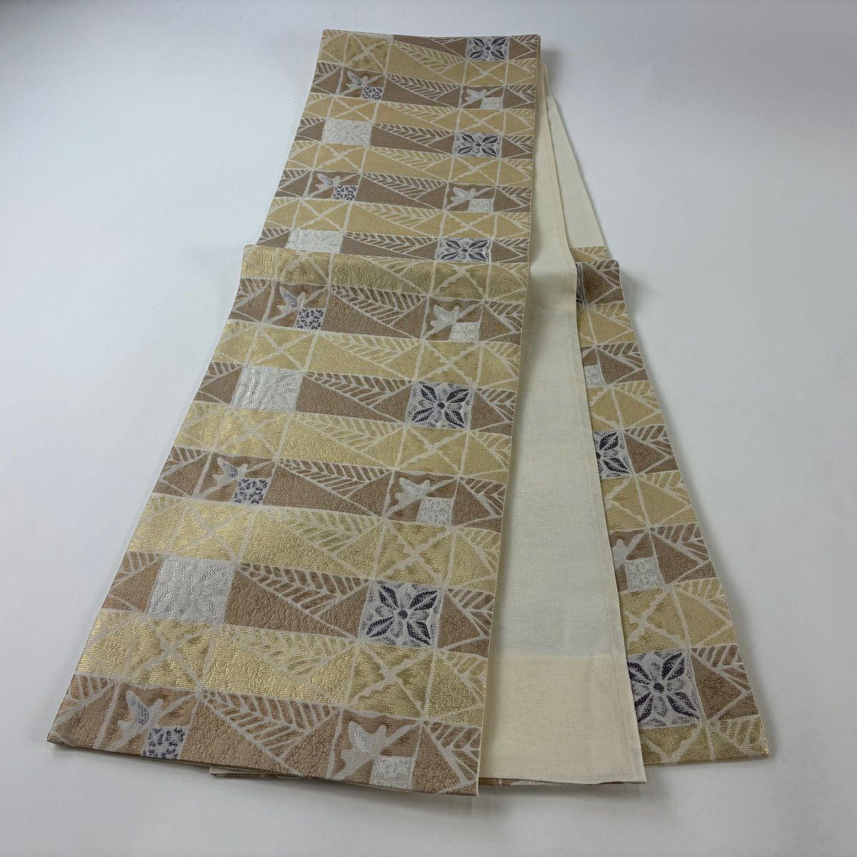 【美品】 袋帶 秀品級 夏帶 格子 草花紋 金絲 金金箔 奶油 六通 純蠶絲