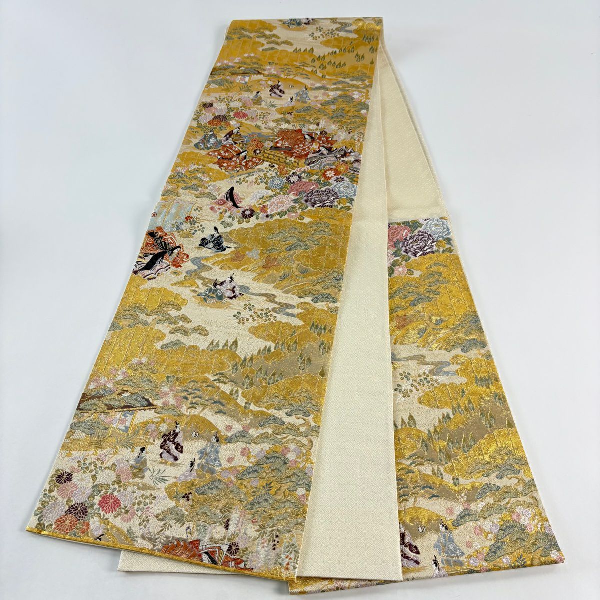 【美品】 袋帶 秀品級 御所風景 草花紋 金糸 金金箔 金 六通 純蠶絲