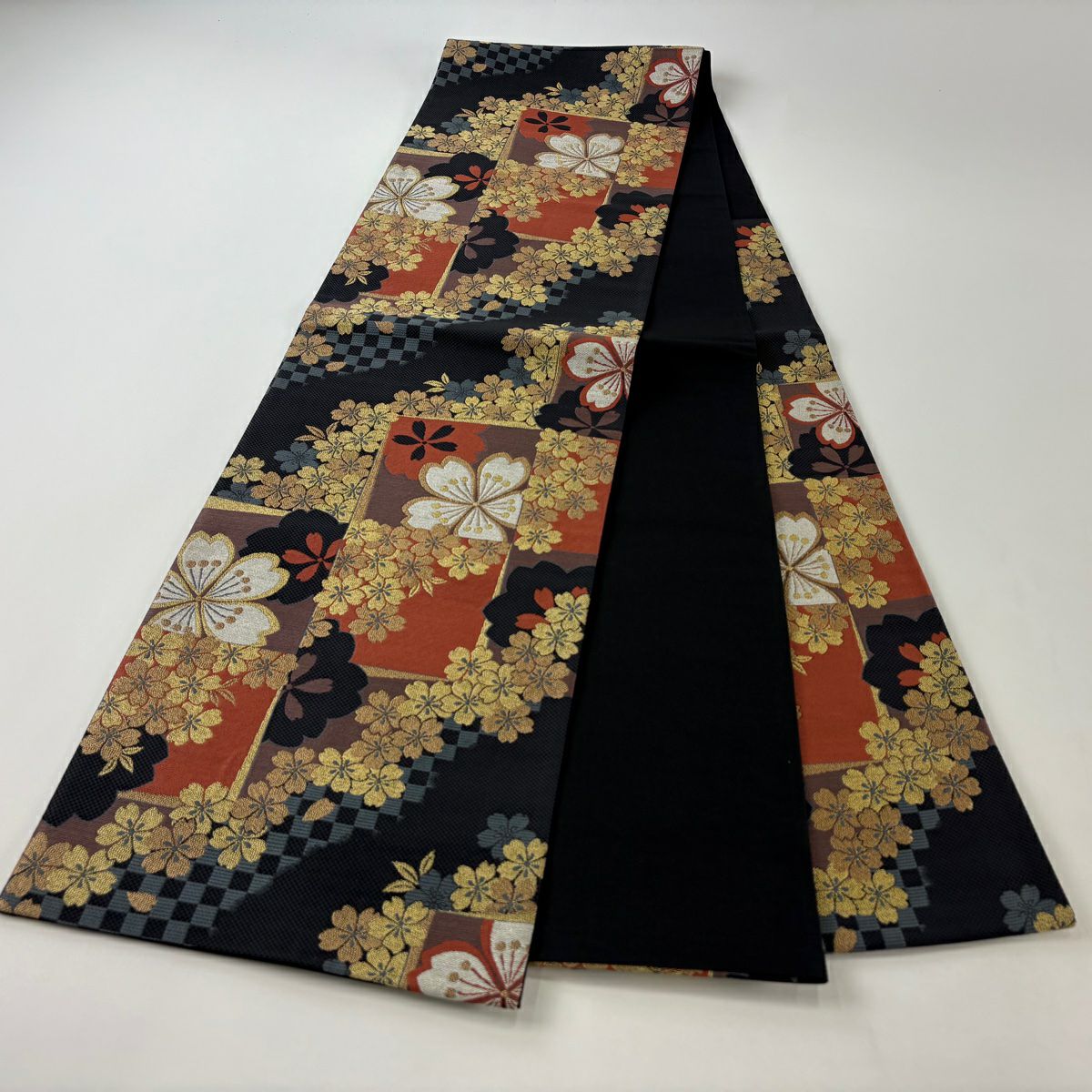 【美品】 袋帶 秀品級 八尺紋櫻花 市松樹 金金箔 朱 純蠶絲