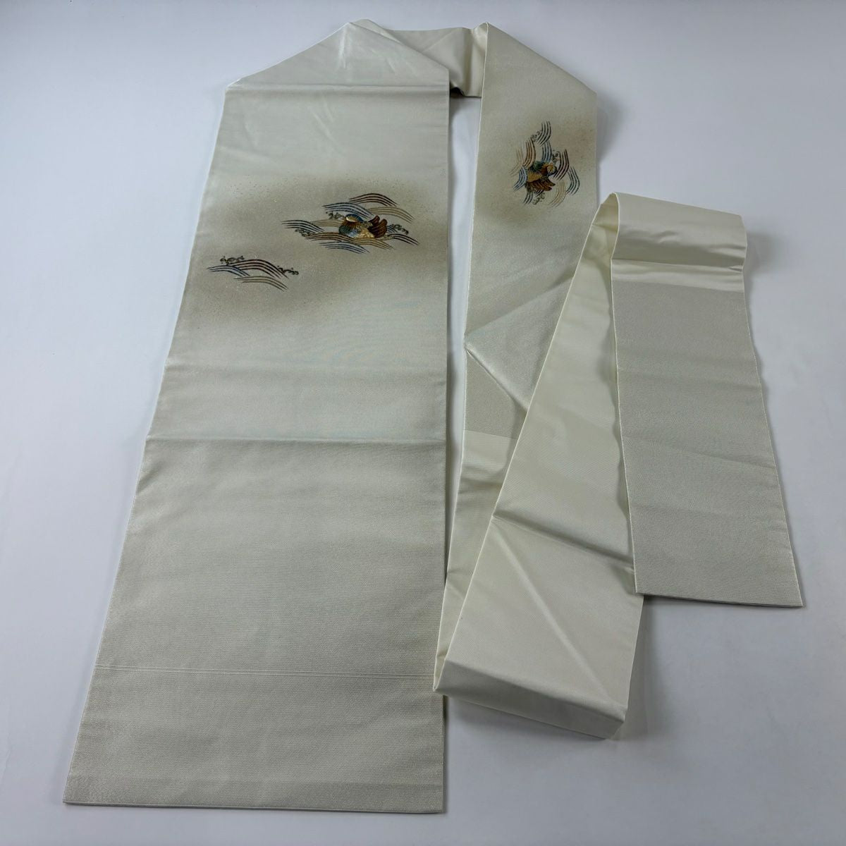名古屋帶 秀品級 關西仕立 雙鴛鴦 波頭 刺繡 金彩裝飾 米色 純蠶絲