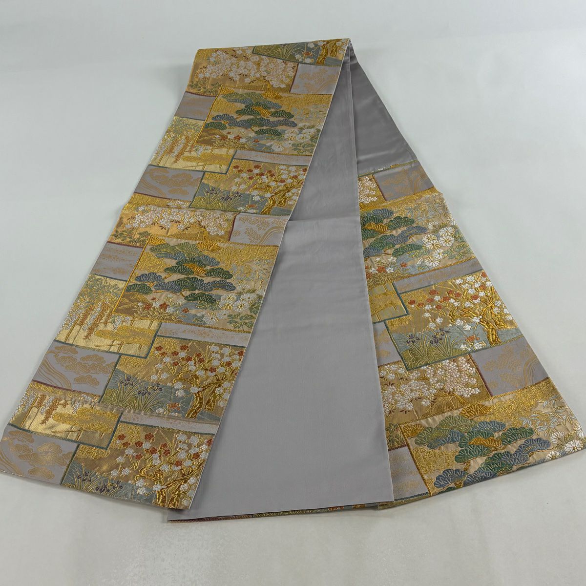 【美品】 袋帶 秀品級 松樹竹子梅花 櫻花 金糸 金金箔 灰紫 六通 純蠶絲
