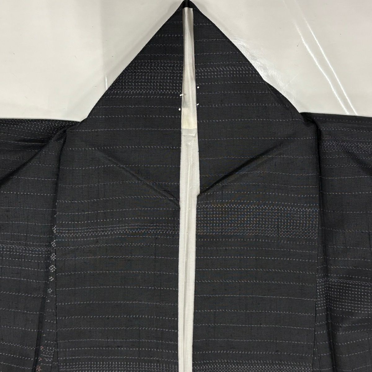 【美品】 紬織 身長162cm 袖長64cm M 雙層 條紋 菱形 黑 純蠶絲 優品級