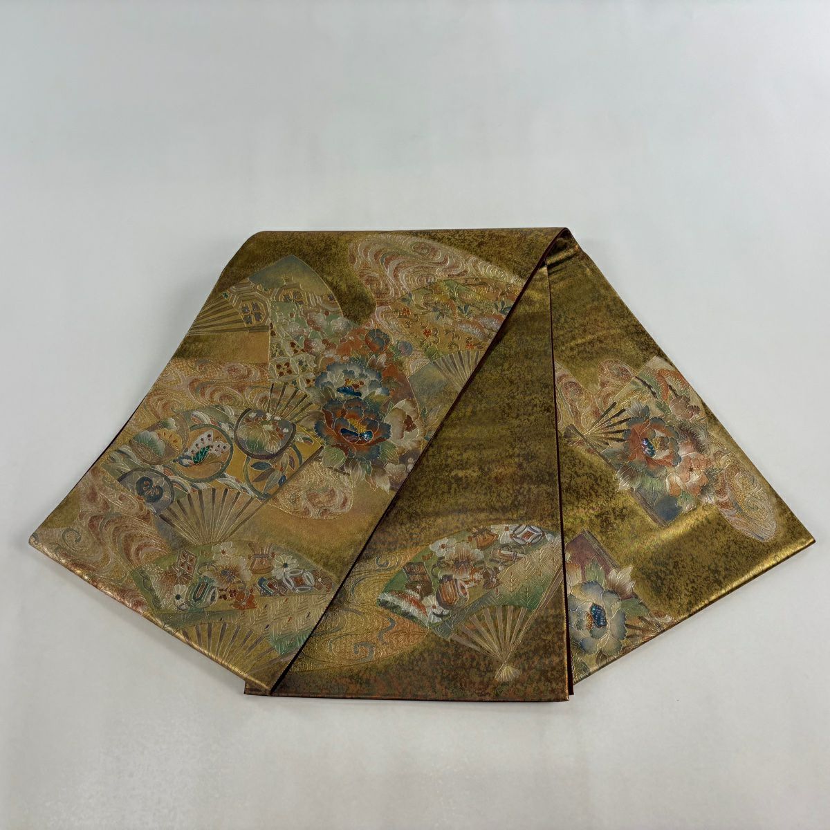 【美品】 袋帶 名品級 扇子子 牡丹 螺鈿 金金箔 金色 大鼓圖案 純蠶絲