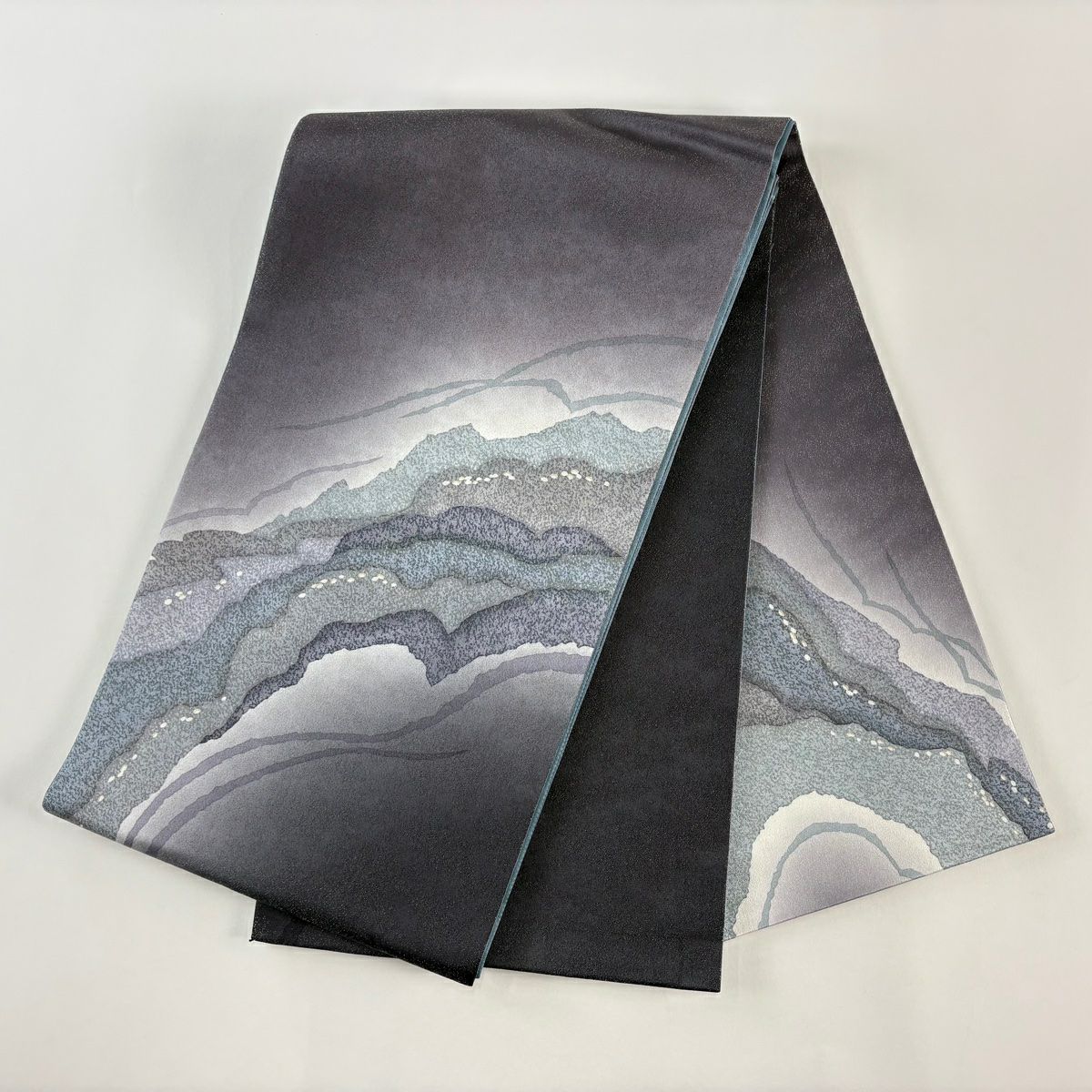 【美品】 袋帶 名品級 落款あり 中嶋博司 幾何學 銀線 金銀彩 灰紫 お太鼓柄 純蠶絲
