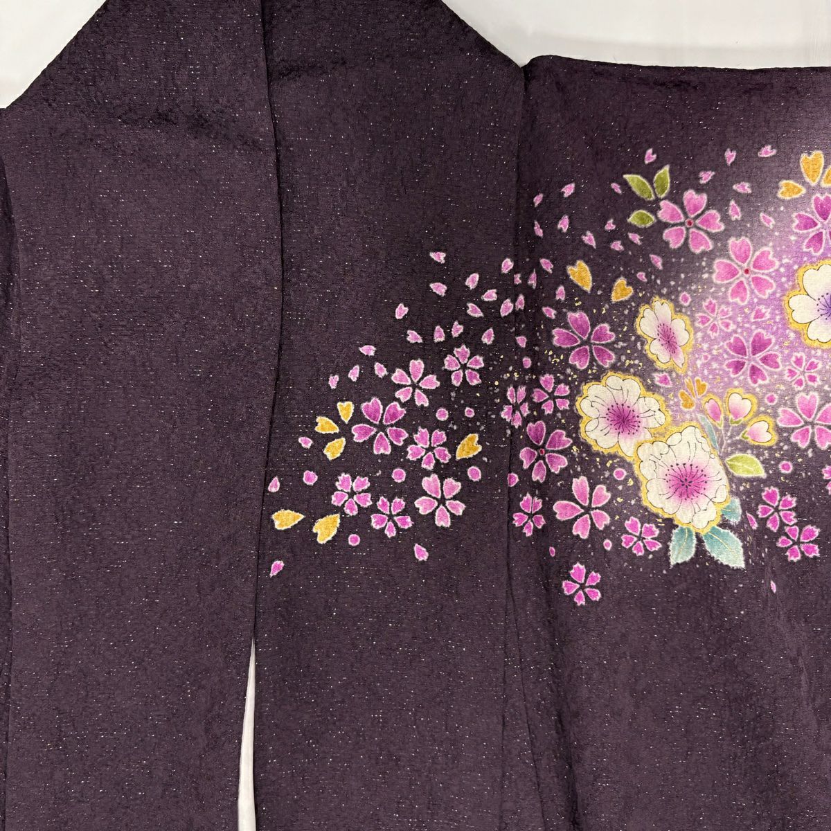 【美品】振袖禮服 身長164.5cm 袖長65cm M 雙層 櫻花 松樹樹 金銀彩 灰紫 純蠶絲 名品級