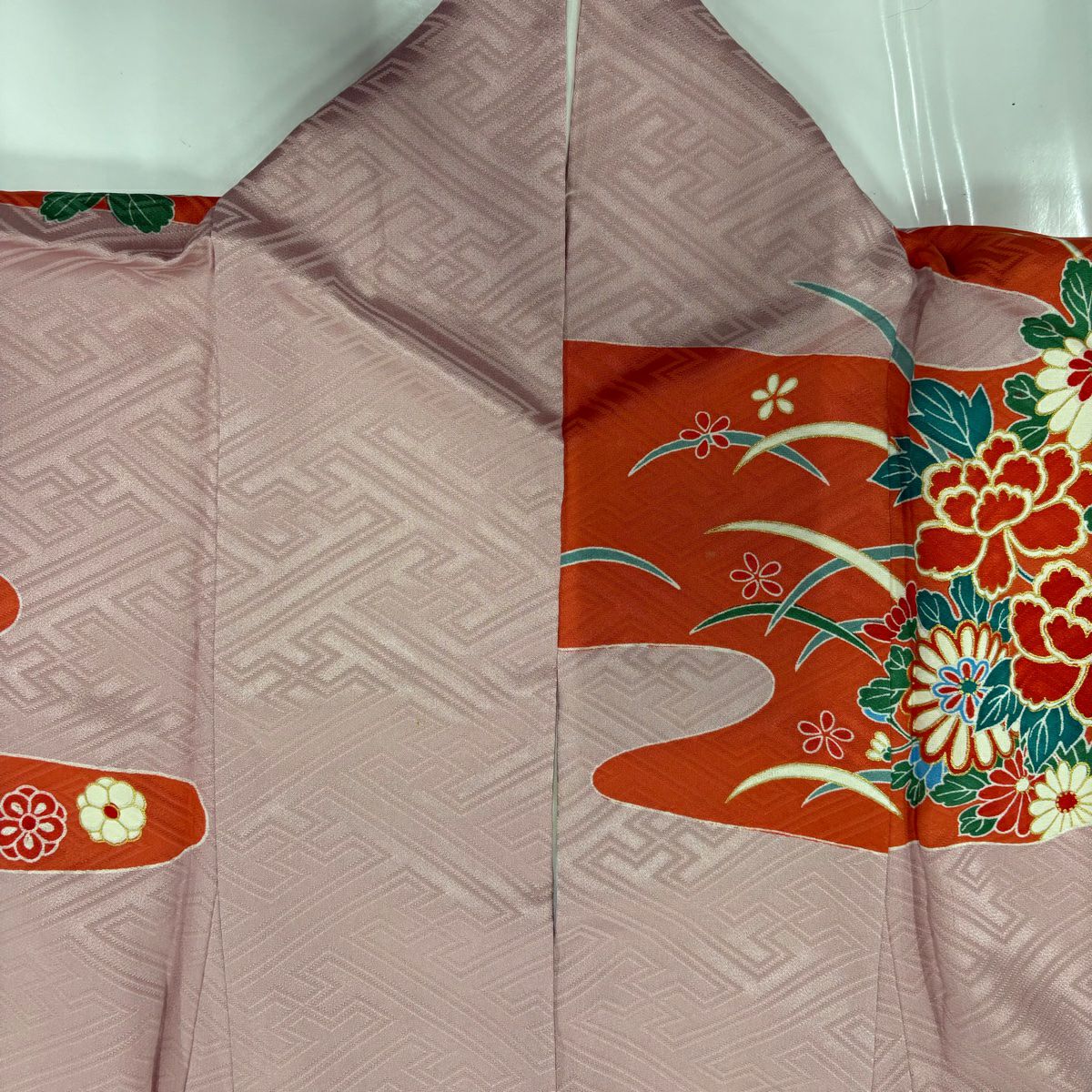 【美品】振袖禮服 身長157.5cm 袖長62cm S 雙層 松樹竹子梅花 草花紋紋 金糸 金銀彩 粉紅 純蠶絲 名品級