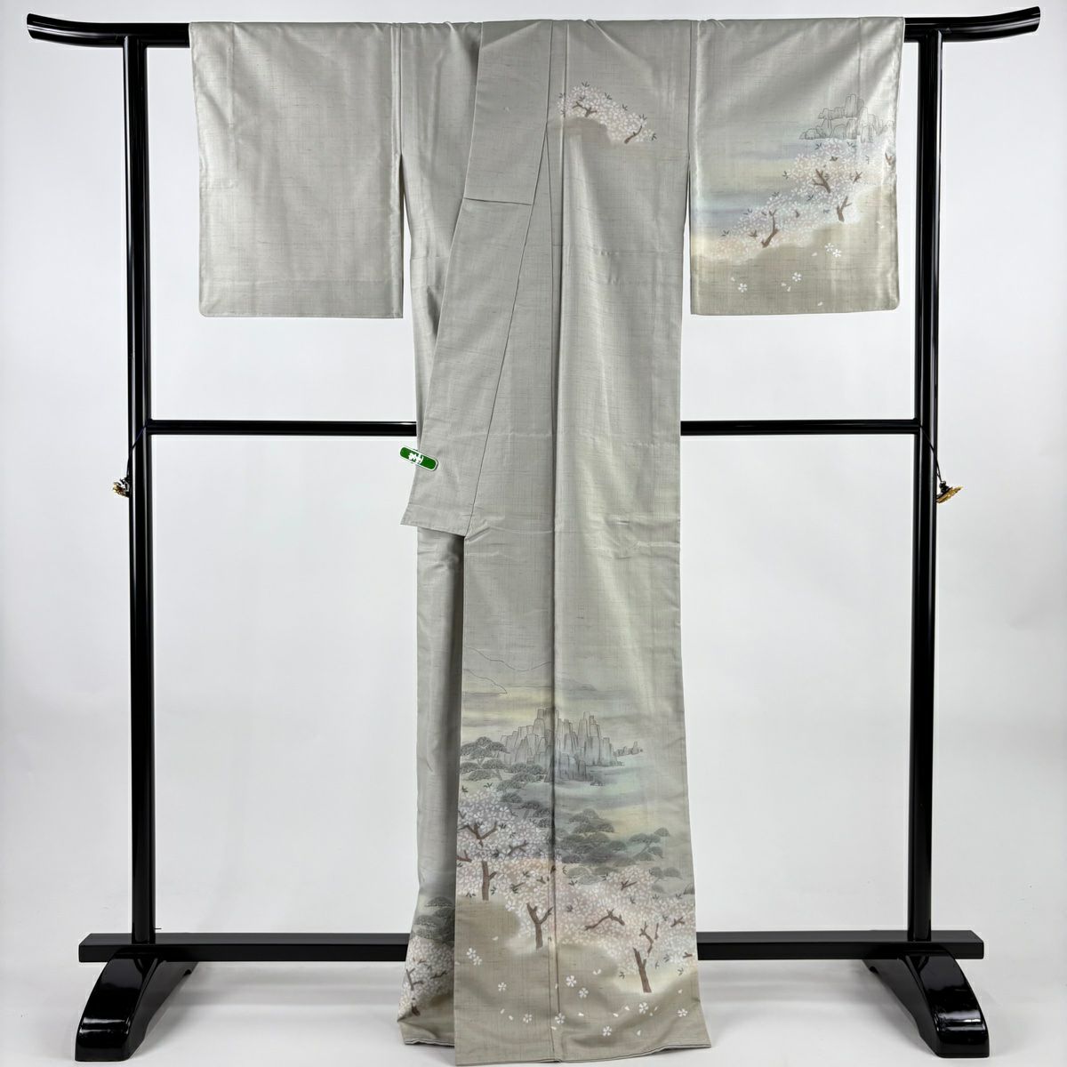 【美品】 付下 身長168cm 袖長66cm M 雙層 牛首紬織織 背抜 落款あり 櫻 松樹 漸層 灰綠 純蠶絲 逸品級