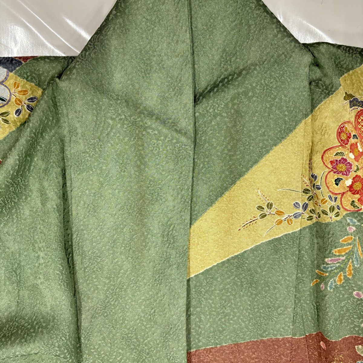 訪問服 身長170.5cm 袖長66.5cm M 雙層 菊花 松樹竹子梅花 金銀彩 薄綠 純蠶絲 名品級