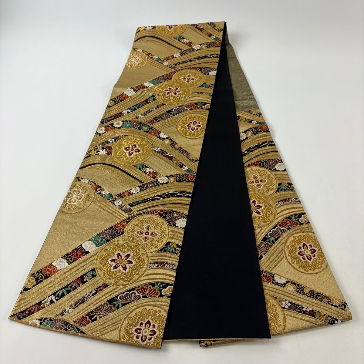【美品】 袋帶 秀品級 振袖禮服禮服用 華紋 松樹竹子梅花 金絲 金金箔 金色 六通 純蠶絲