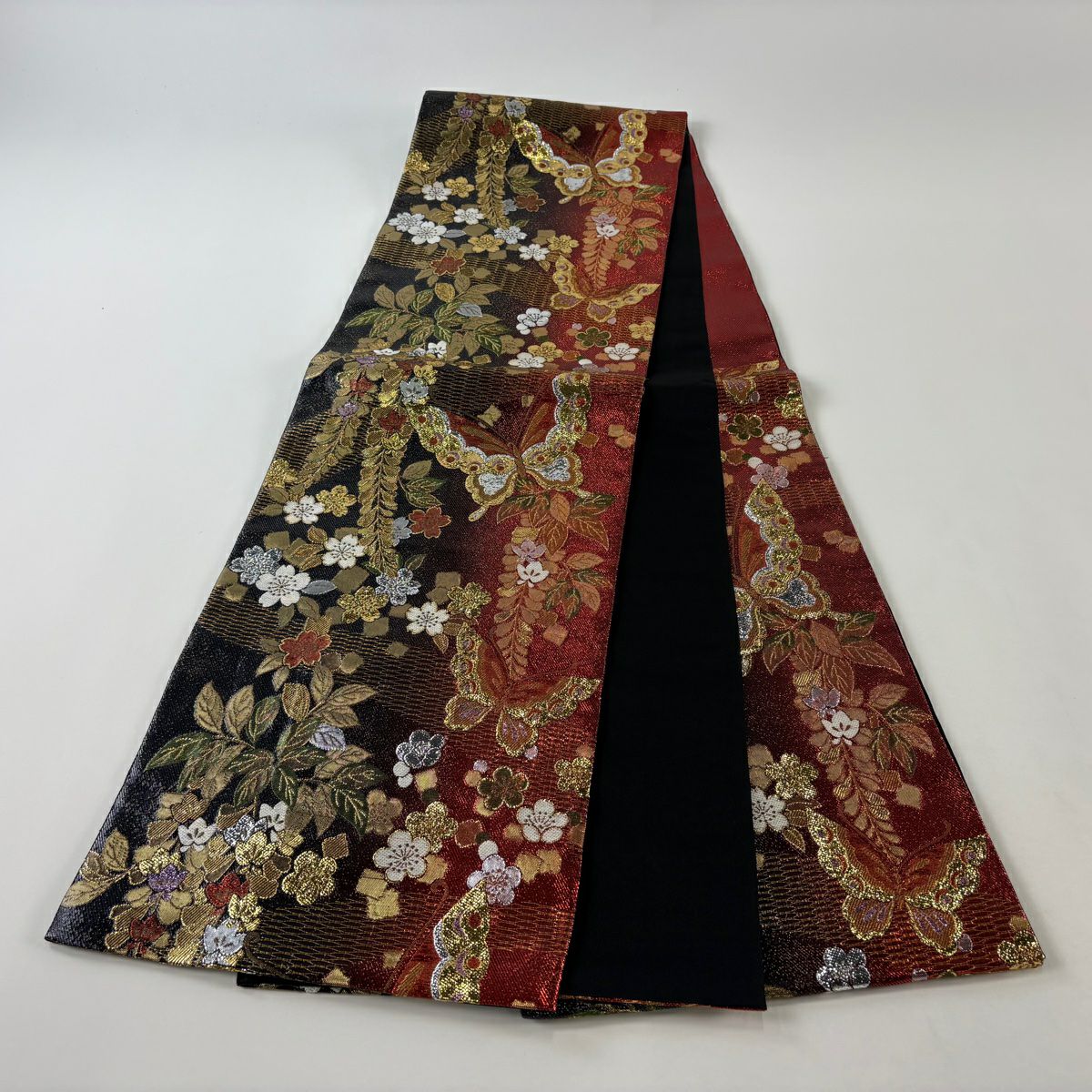 袋帶 秀品級 樱花 蝴蝶 金金箔 金絲 黑色 六通 純蠶絲