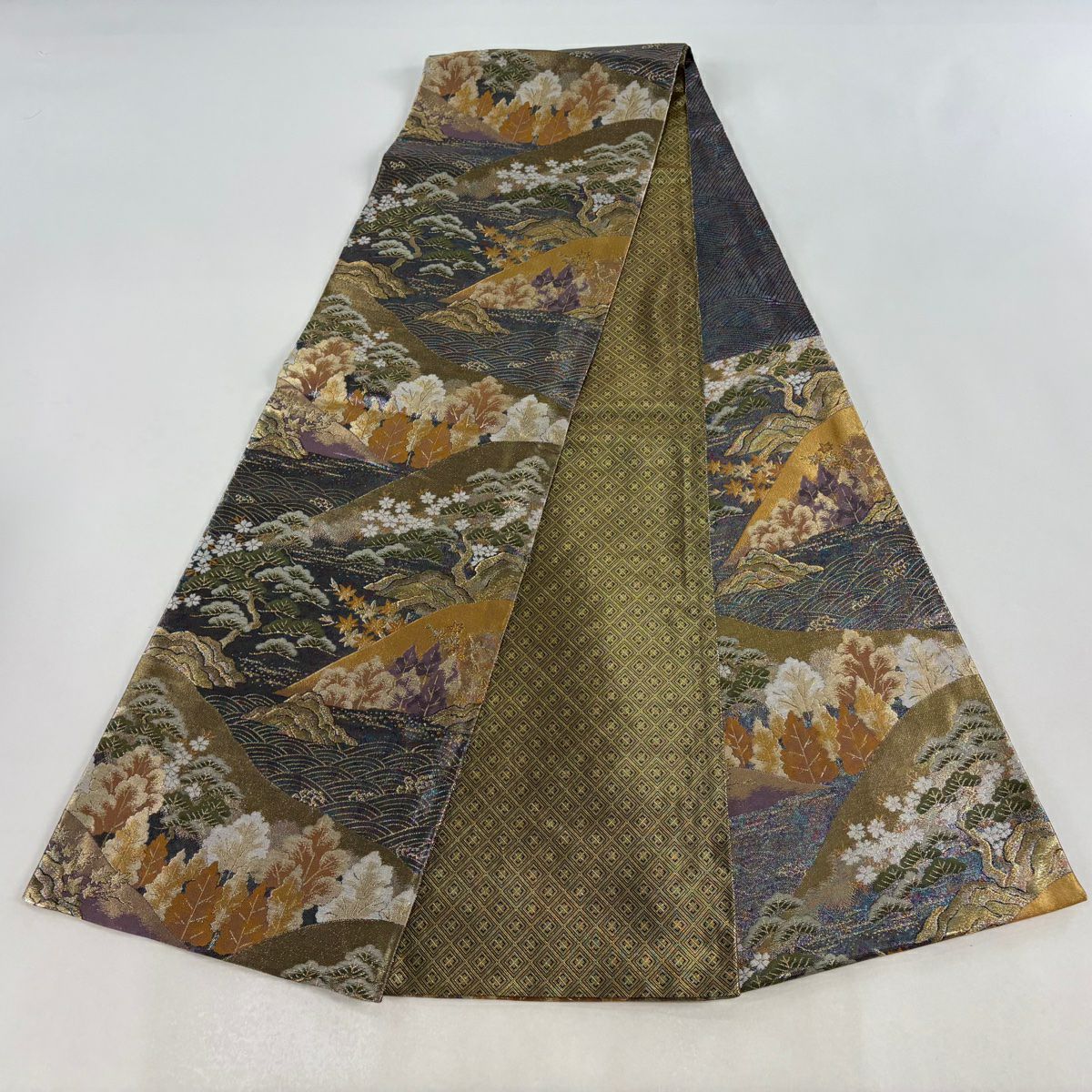 【美品】 袋帶 秀品級 山 樹木 金絲 金金箔 青紫 六通 純蠶絲