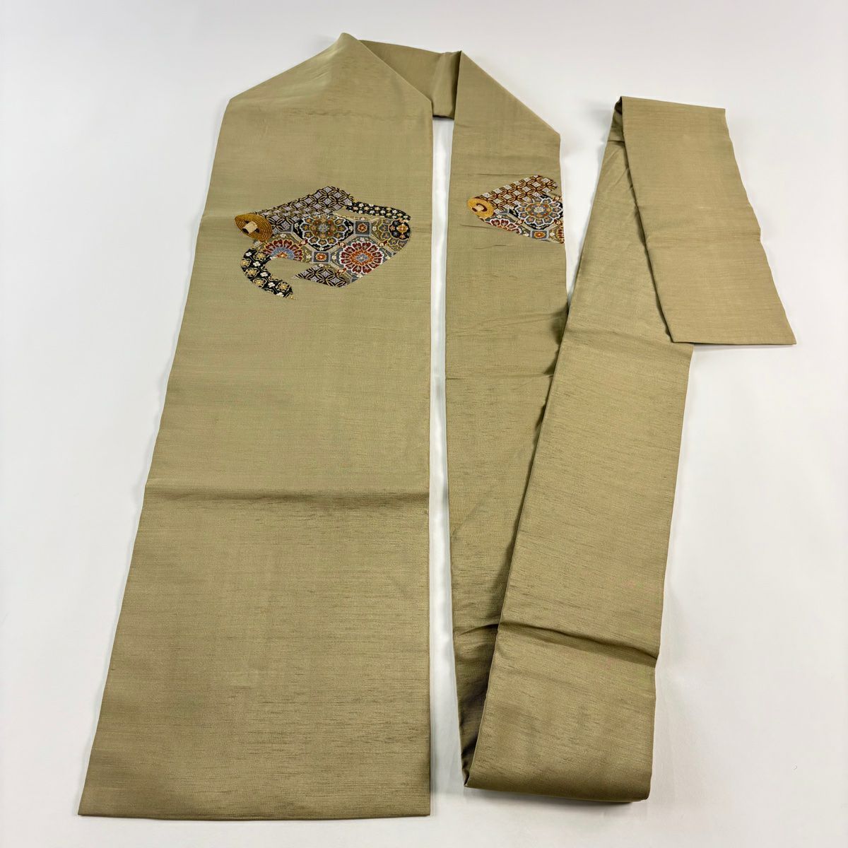 名古屋帶 逸品級 卷物 蜀江華紋 金絲 灰綠 純蠶絲