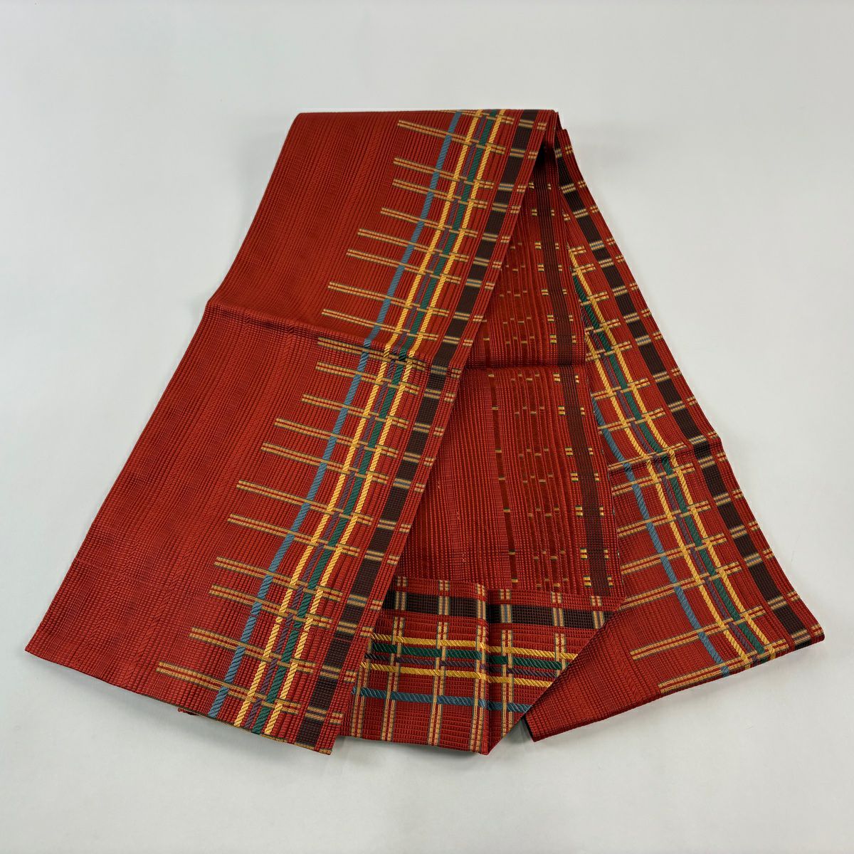 【美品】 名古屋帶 優品級 松樹葉仕立 雜色仕立 縞 紅 純蠶絲