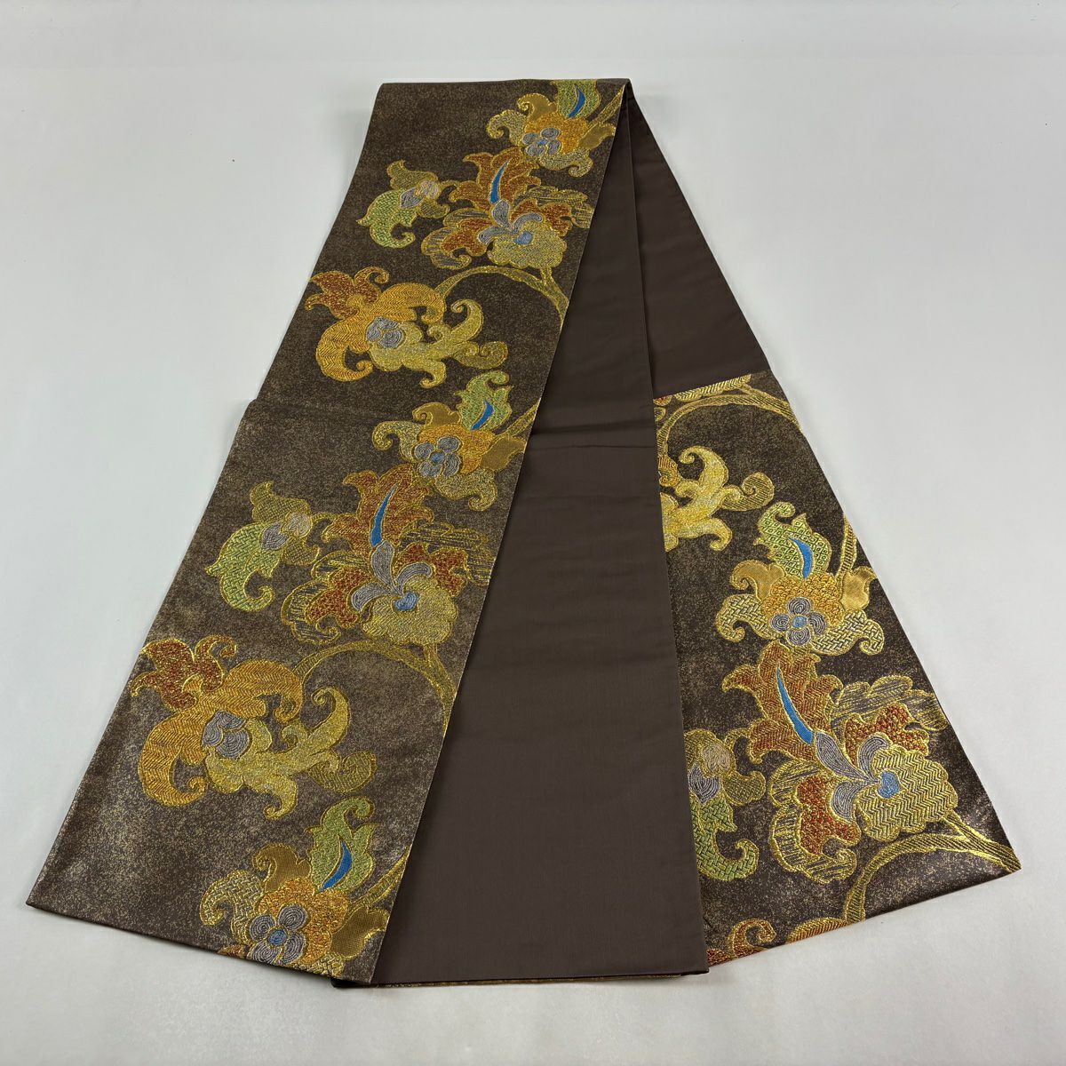 【美品】 袋帶 秀品級 花唐草紋 金絲 金金箔 茶紫 六通 純蠶絲
