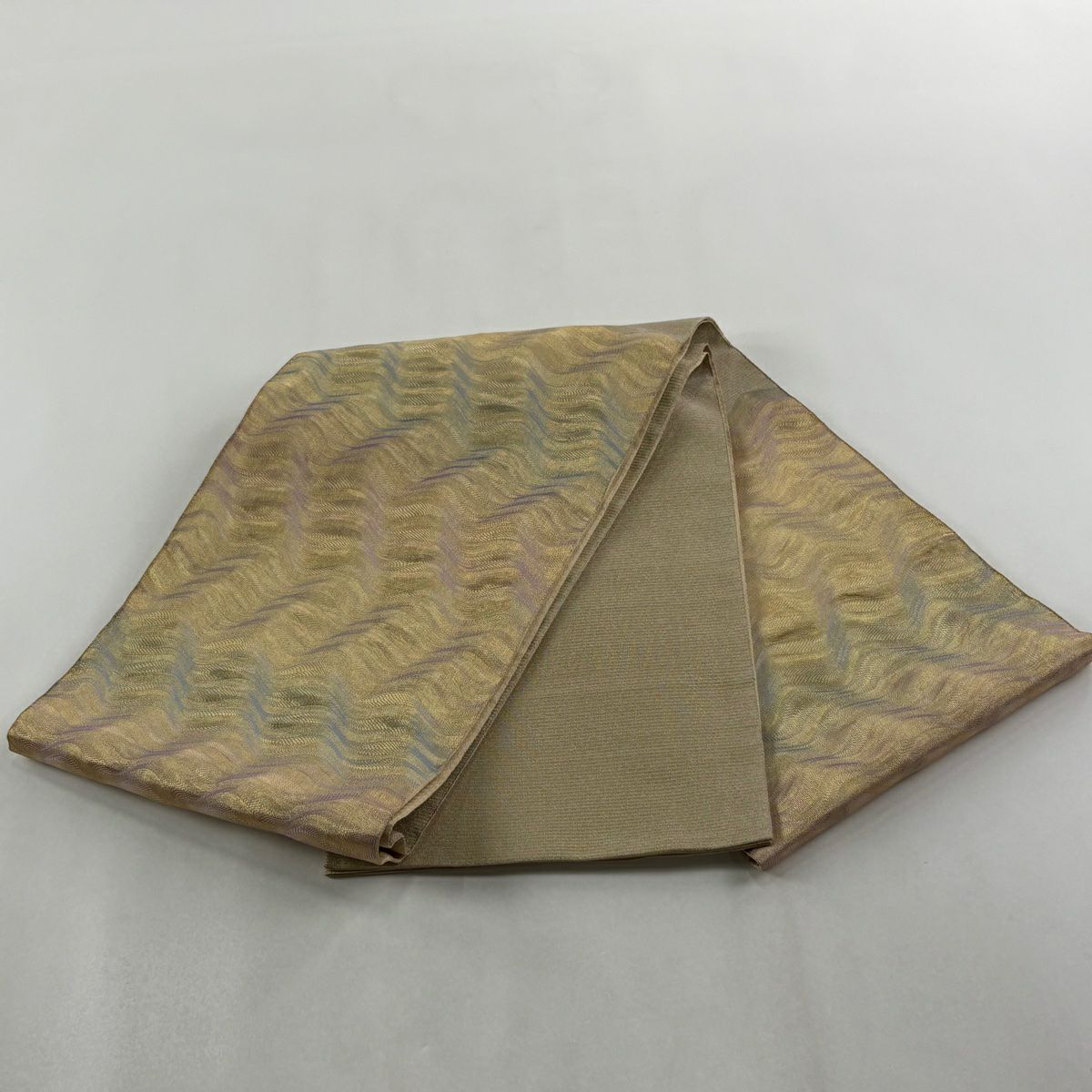 【美品】 袋帶 秀品級 斜條紋 金絲 金色 大鼓圖案 純蠶絲