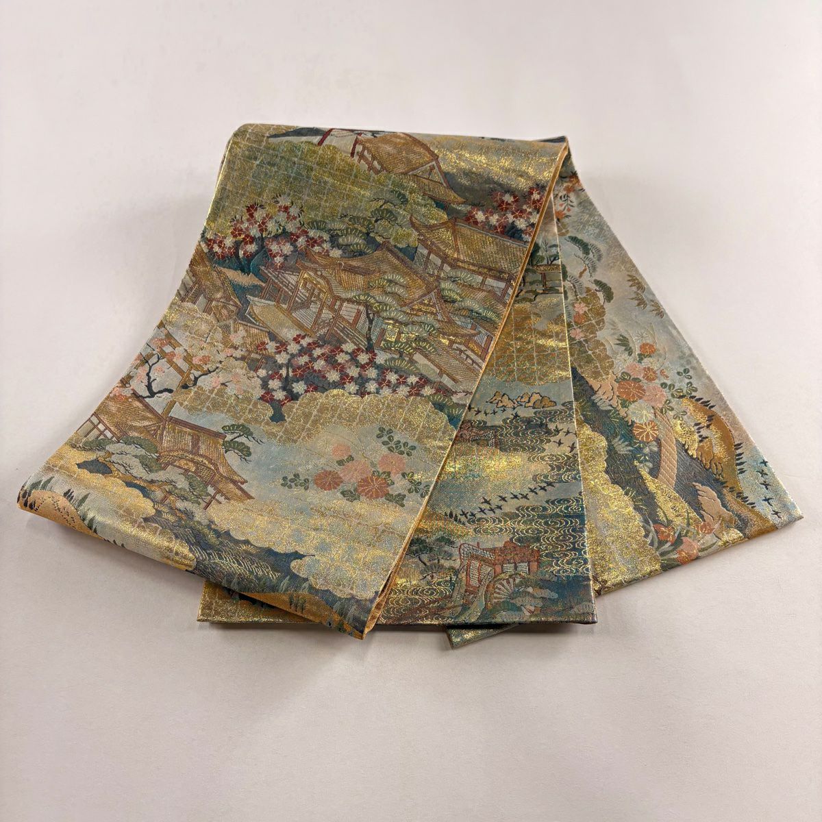 【美品】 袋帶 秀品級 建築 枝花 金金箔 金絲 金色 全通 純蠶絲