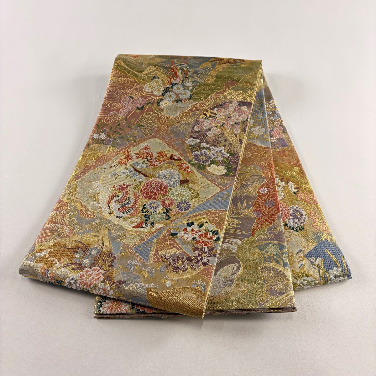 【美品】 袋帶 秀品級 花鳥 扇子 金絲 金金箔 鮭粉紅 お太鼓圖案 純蠶絲