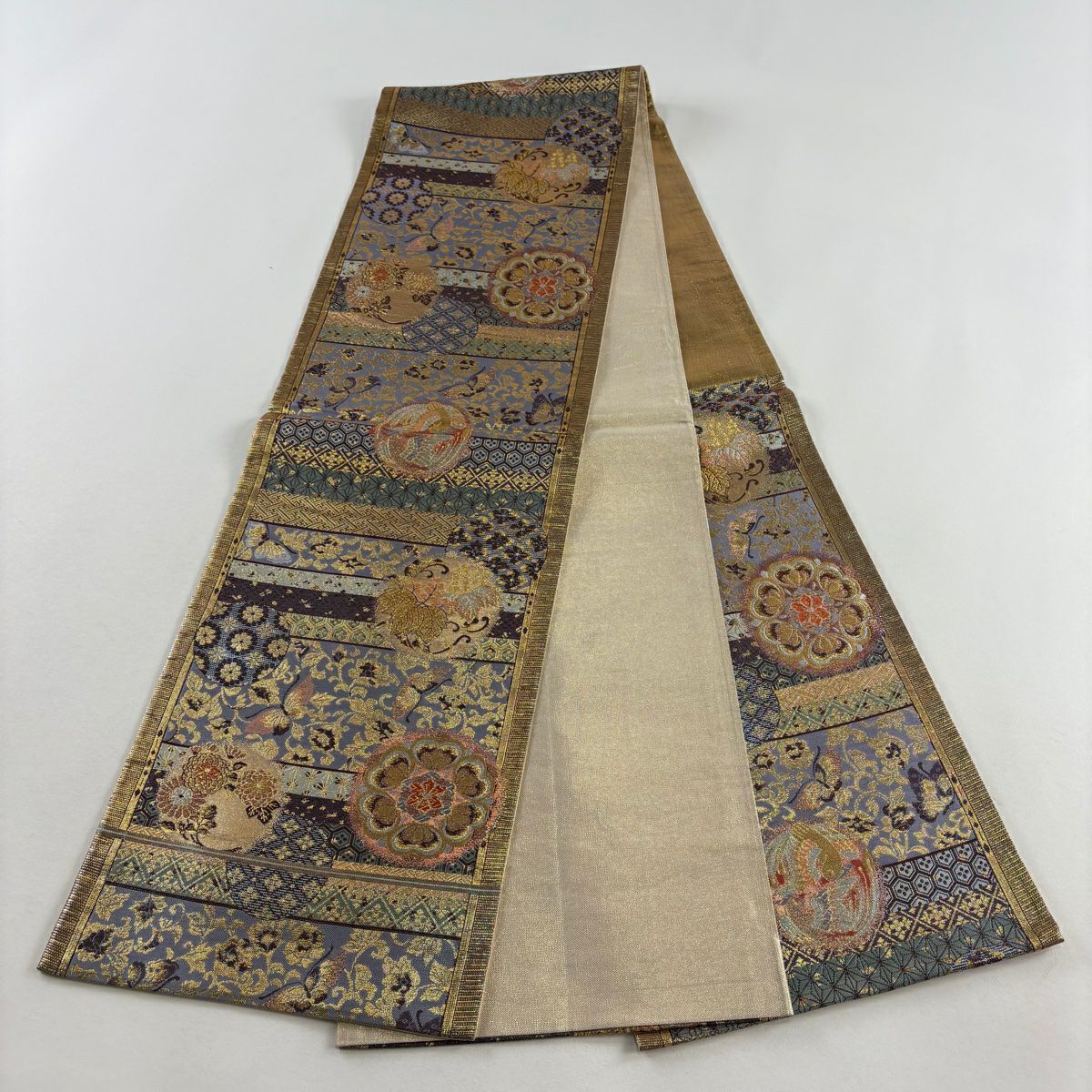 【美品】 袋帶 秀品級 姬物語 華紋 花鳥 金絲 金金箔 金色 六通 純蠶絲