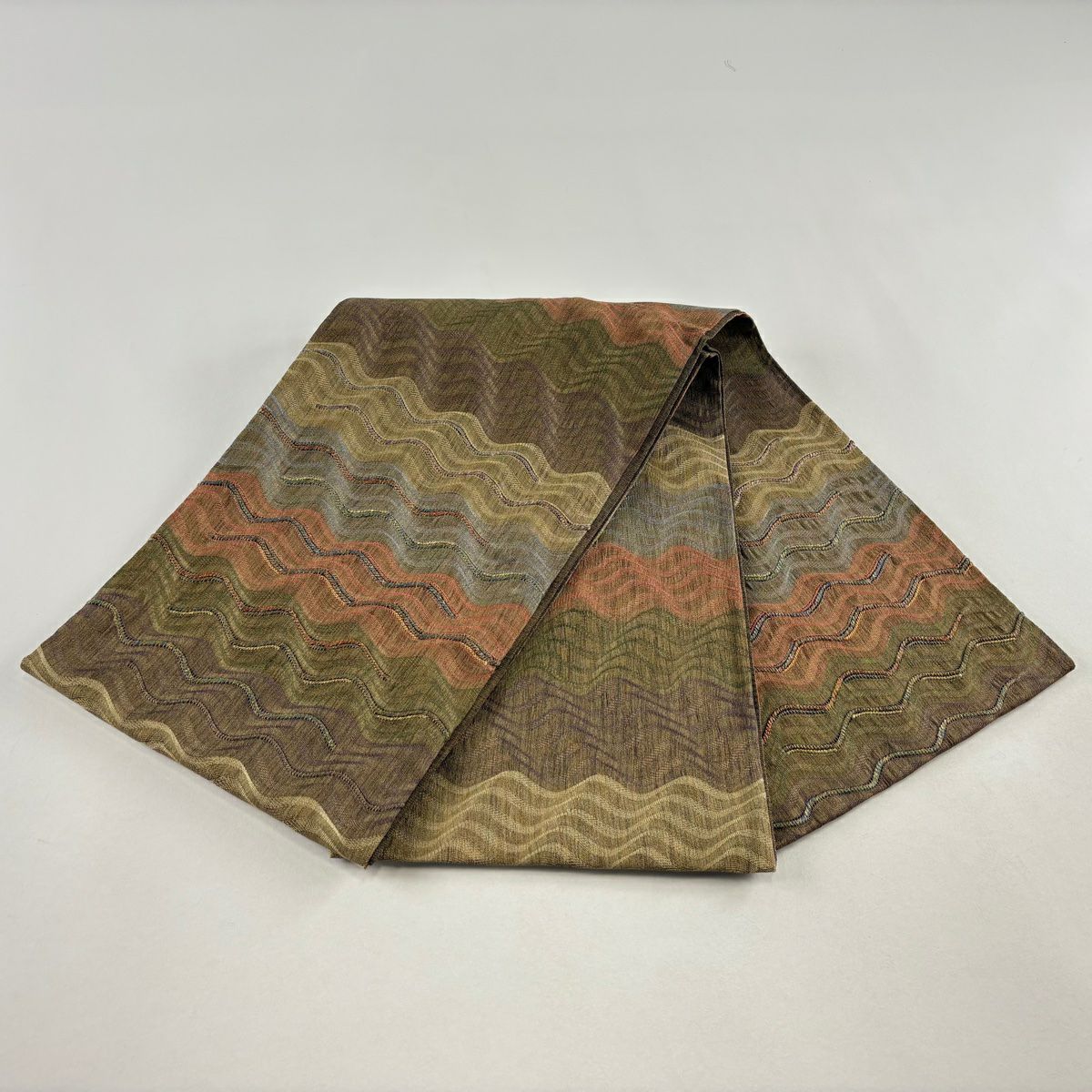 【美品】 袋帶 秀品級 夏帶 斜條紋 金銀彩 茶綠 素色 正蠶絲