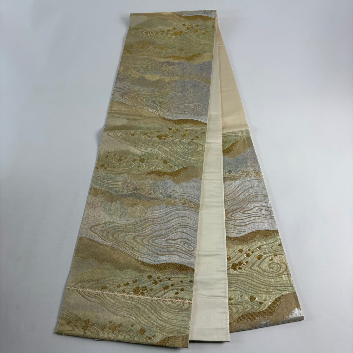 【美品】 袋帶 秀品級 幾何圖案 金銀線 金金箔 金色 六通 純蠶絲