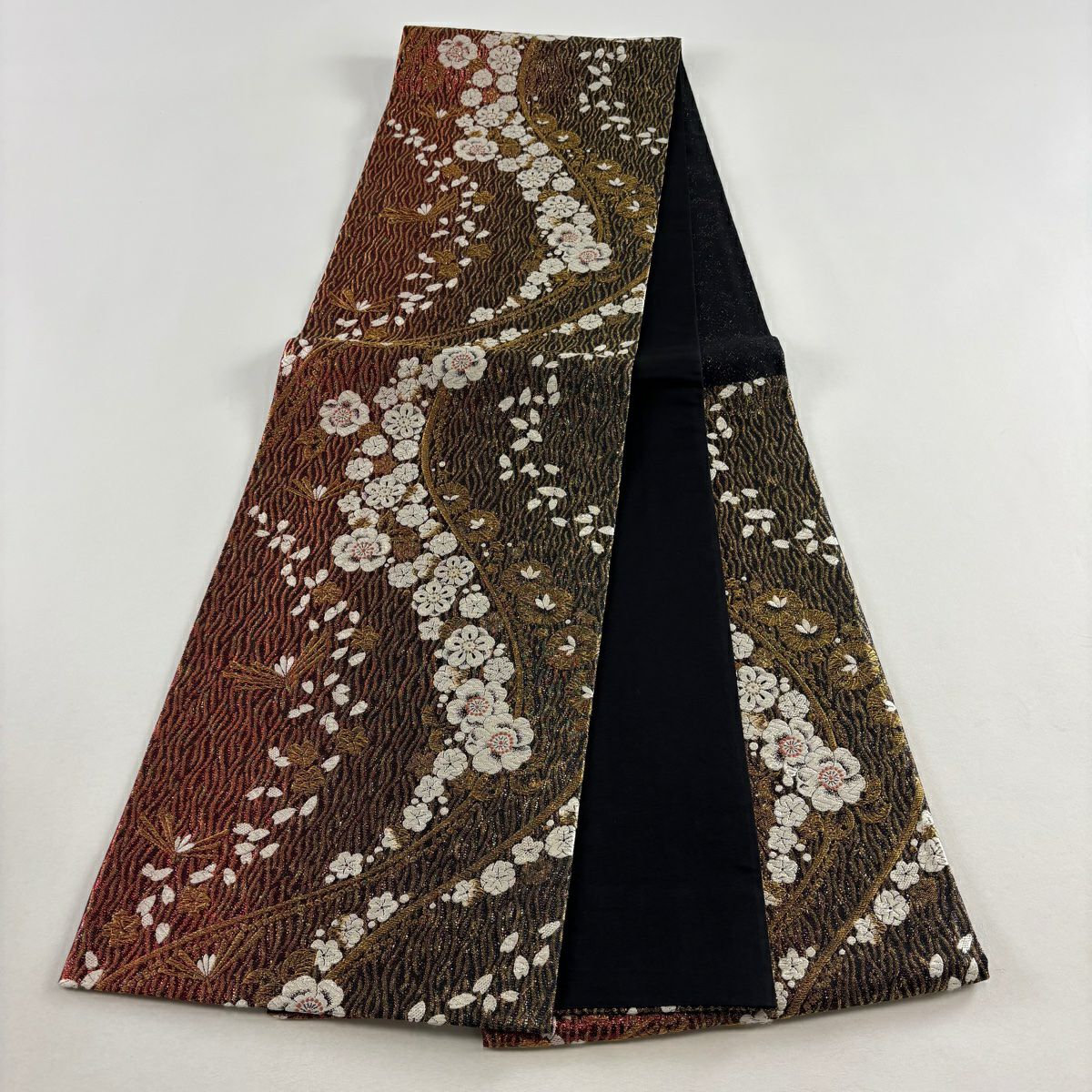 【美品】 袋帶 秀品級 梅花 櫻花 唐織 金絲 紅 六通 純蠶絲