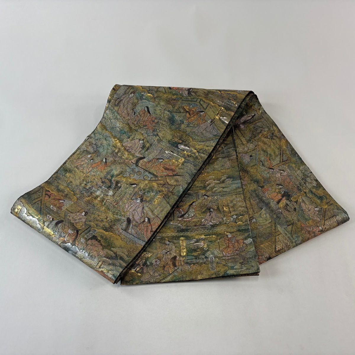 【美品】 袋帶 名品級 全通全景圖 源氏物語繪卷 金金箔 金色 全通 純蠶絲