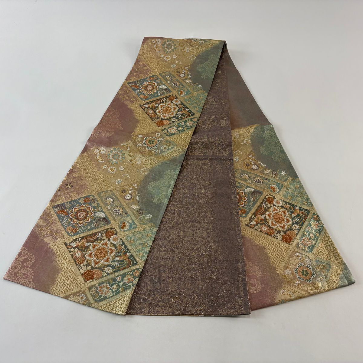袋帶 名品級 證書齊全 華紋 鳳凰 金絲 刺繡 灰綠 六通 純蠶絲