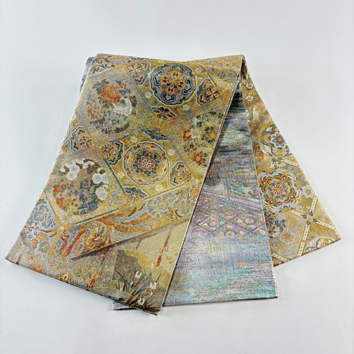 【美品】 袋帶 名品級 雙面 華紋 花鳥 金絲 金金箔 銀 お太鼓圖案 純蠶絲