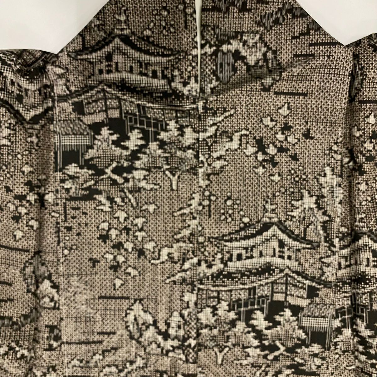 【美品】 紬織 身長155.5cm 袖長66cm M 雙層 建物 樹木 焦茶 純蠶絲 秀品級