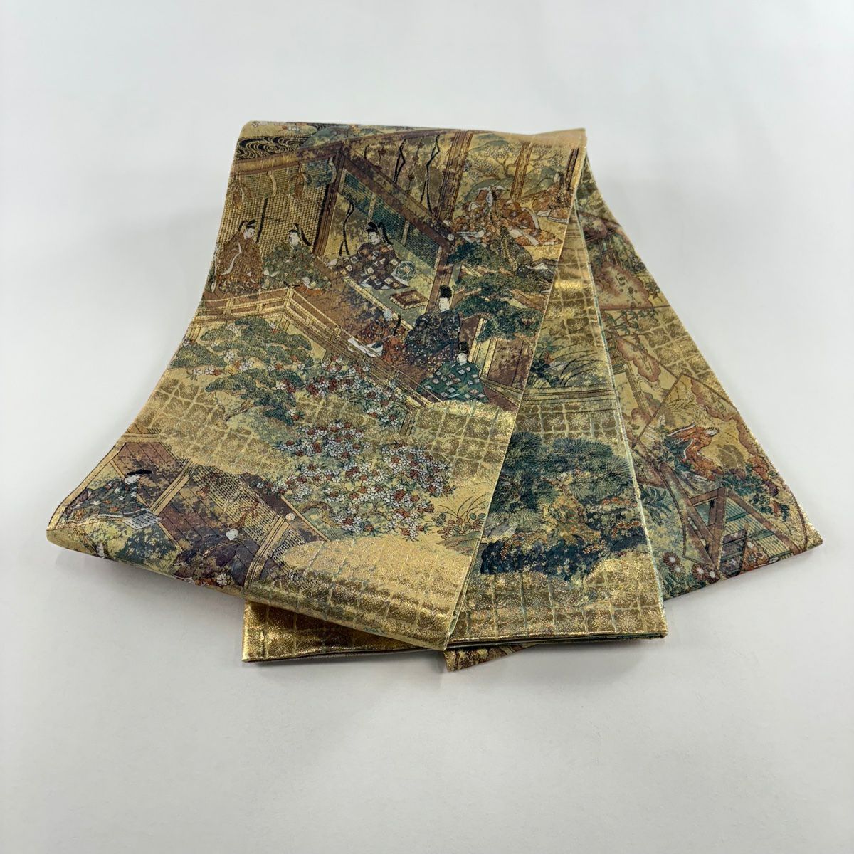 【美品】 袋帶 秀品級 人物 松樹竹子梅花 金絲 金金箔 金色 大鼓圖案 純蠶絲