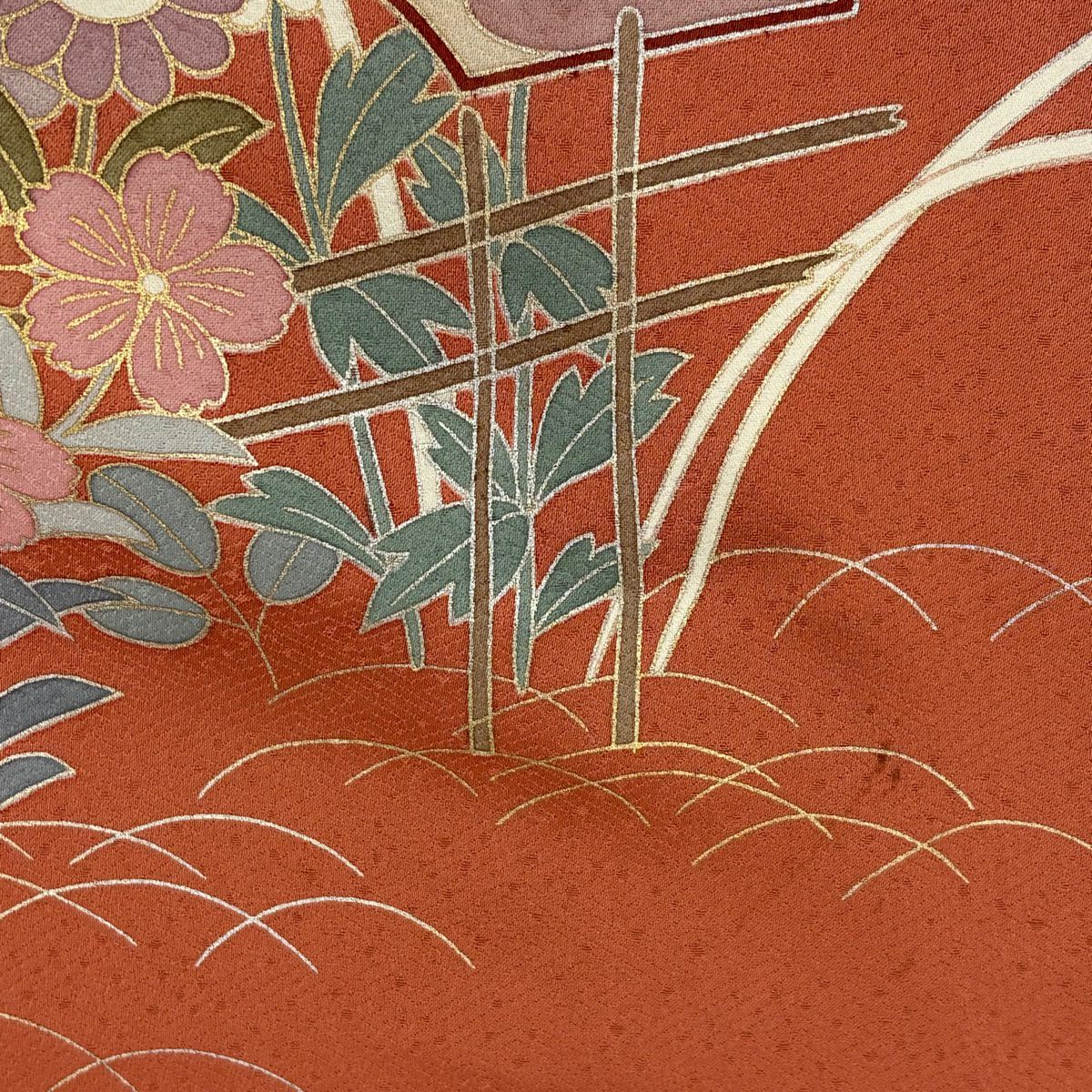 訪問服 身長157.5cm 袖長64cm M 雙層 扇子面 秋草 金銀彩 染分 橙色 純蠶絲 秀品級