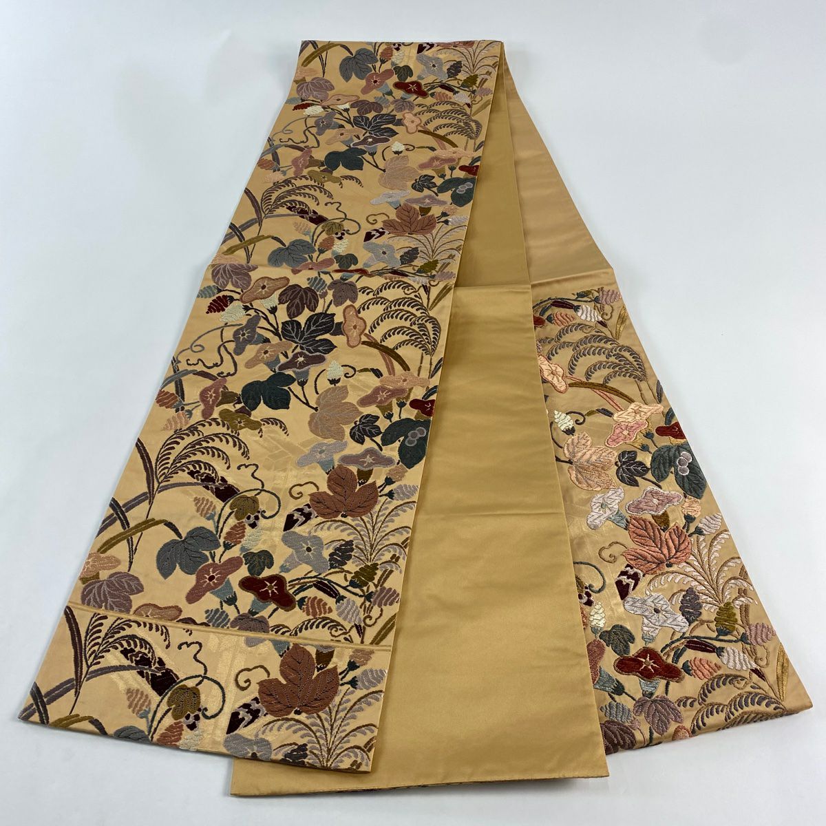 【美品】 袋帶 秀品級 朝顏 蘆葦 刺繡 金金箔 淺茶 六通 純蠶絲