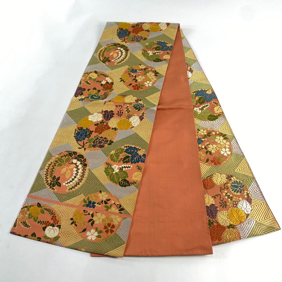 【美品】 袋帶 秀品級 花丸紋 菱 金絲 橙色 全通 純蠶絲