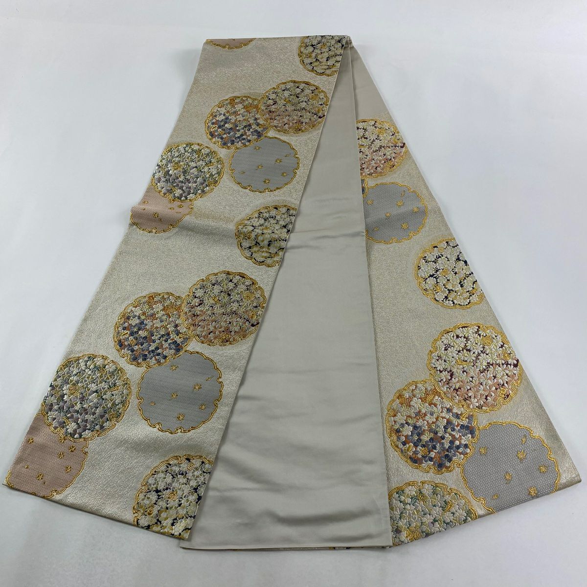 【美品】 袋帶 逸品級 祥園 落款あり 雪輪 草花紋 金銀彩 金金箔 銀 六通 純蠶絲
