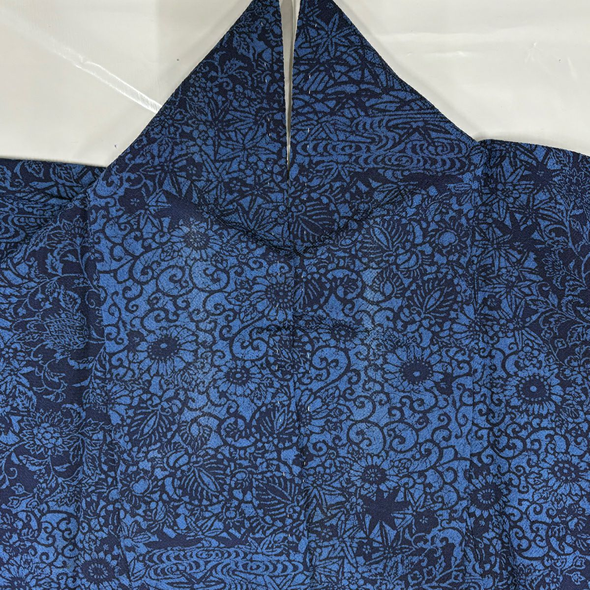 小紋 身長150.5cm 袖長62.5cm S 雙層 草花紋 花唐草紋 絞染 藍色 純蠶絲 秀品級