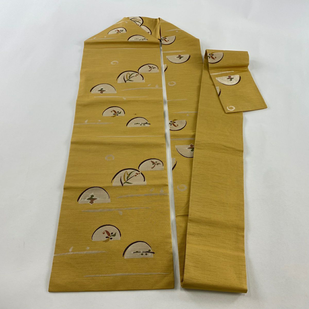 名古屋帶 秀品級 紬織織 草花紋紋 霞 山吹 純蠶絲