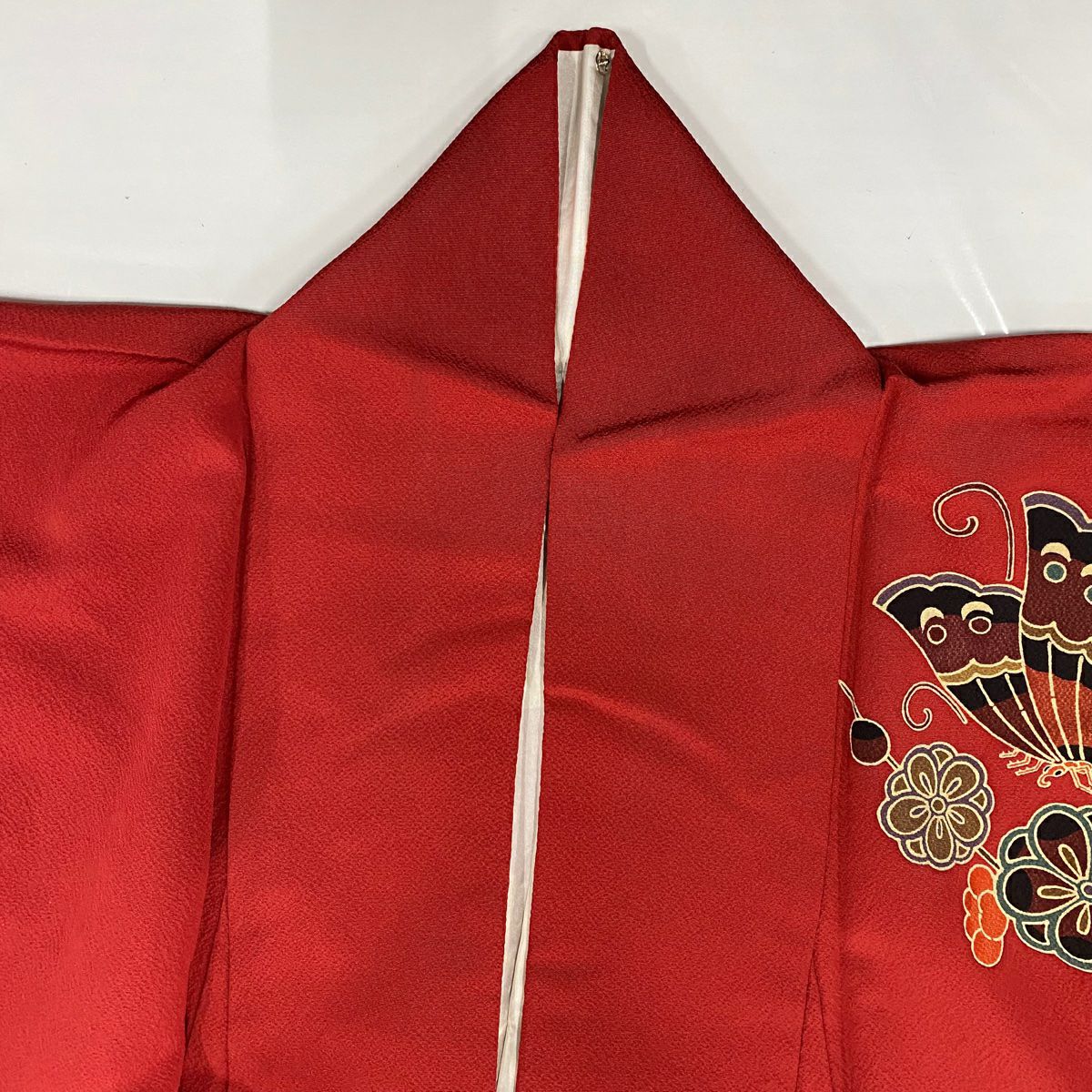 振袖禮服 身長162cm 袖長64.5cm M 雙層 蝶 枝花 染分 漸層 紅 純蠶絲 名品級