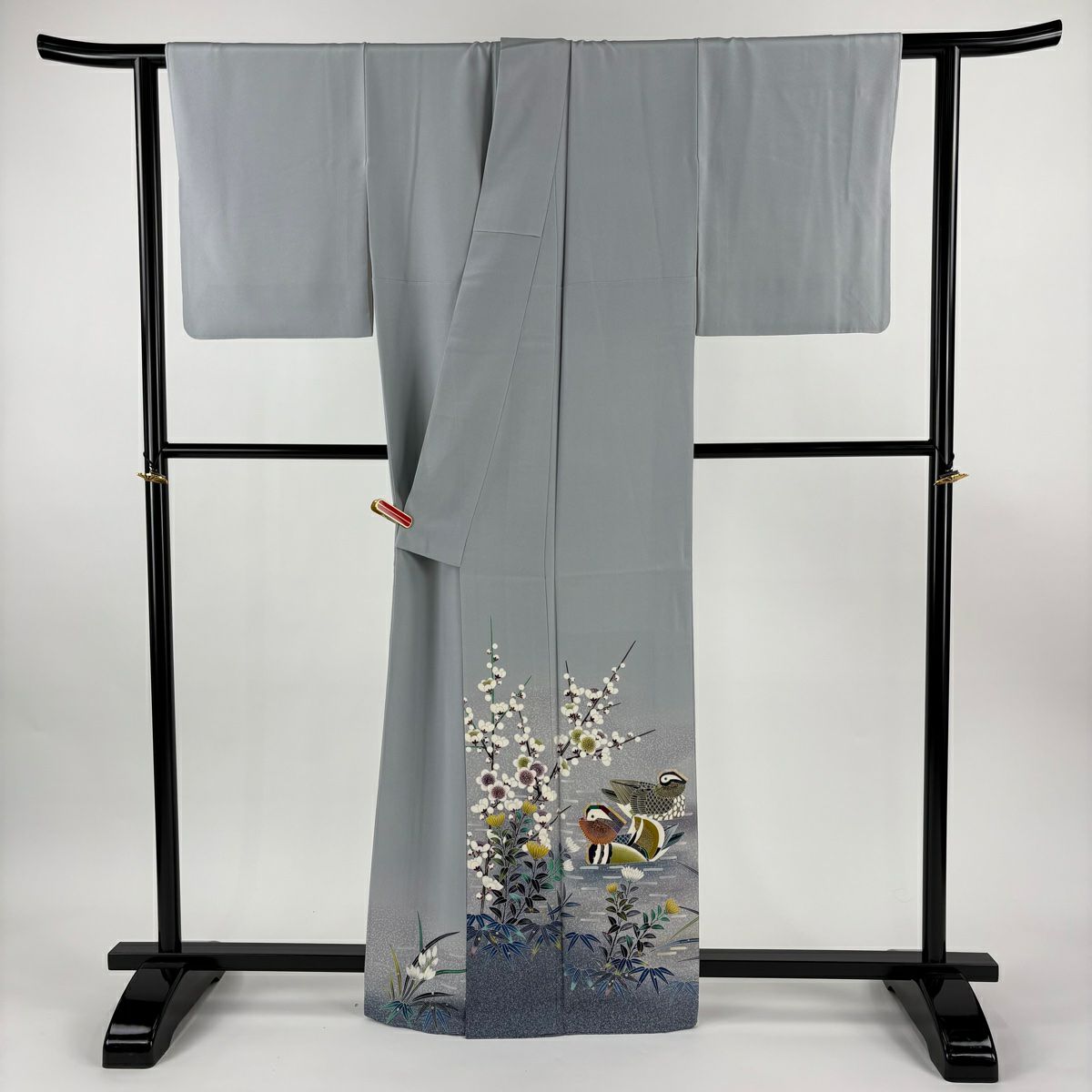 留袖禮服禮服 身長163cm 袖長62cm S 雙層 TOKIO et TOKI 落款あり 鴛鴦 枝梅花 金銀彩 漸變 青灰 純蠶絲 逸品級