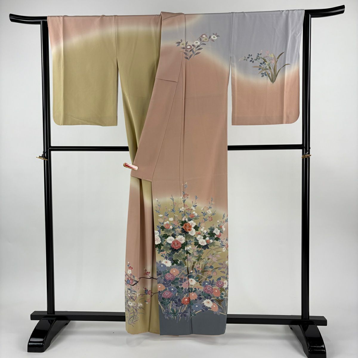 訪問服 身長159cm 袖長66cm M 雙層 田村哲彦 落款あり 草花紋紋 鳥 染分 ぼかし 粉色米色 純蠶絲 逸品級