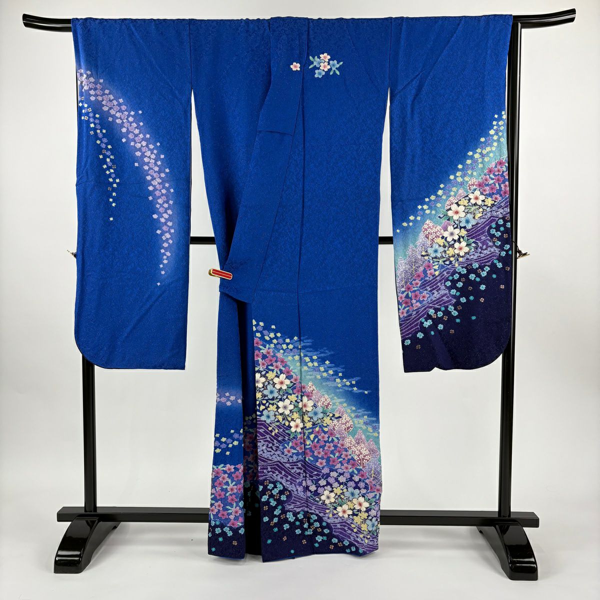 振袖禮服 身長163cm 袖長68cm L 雙層 櫻花 流水 金通 絞染 藍 純蠶絲 逸品級
