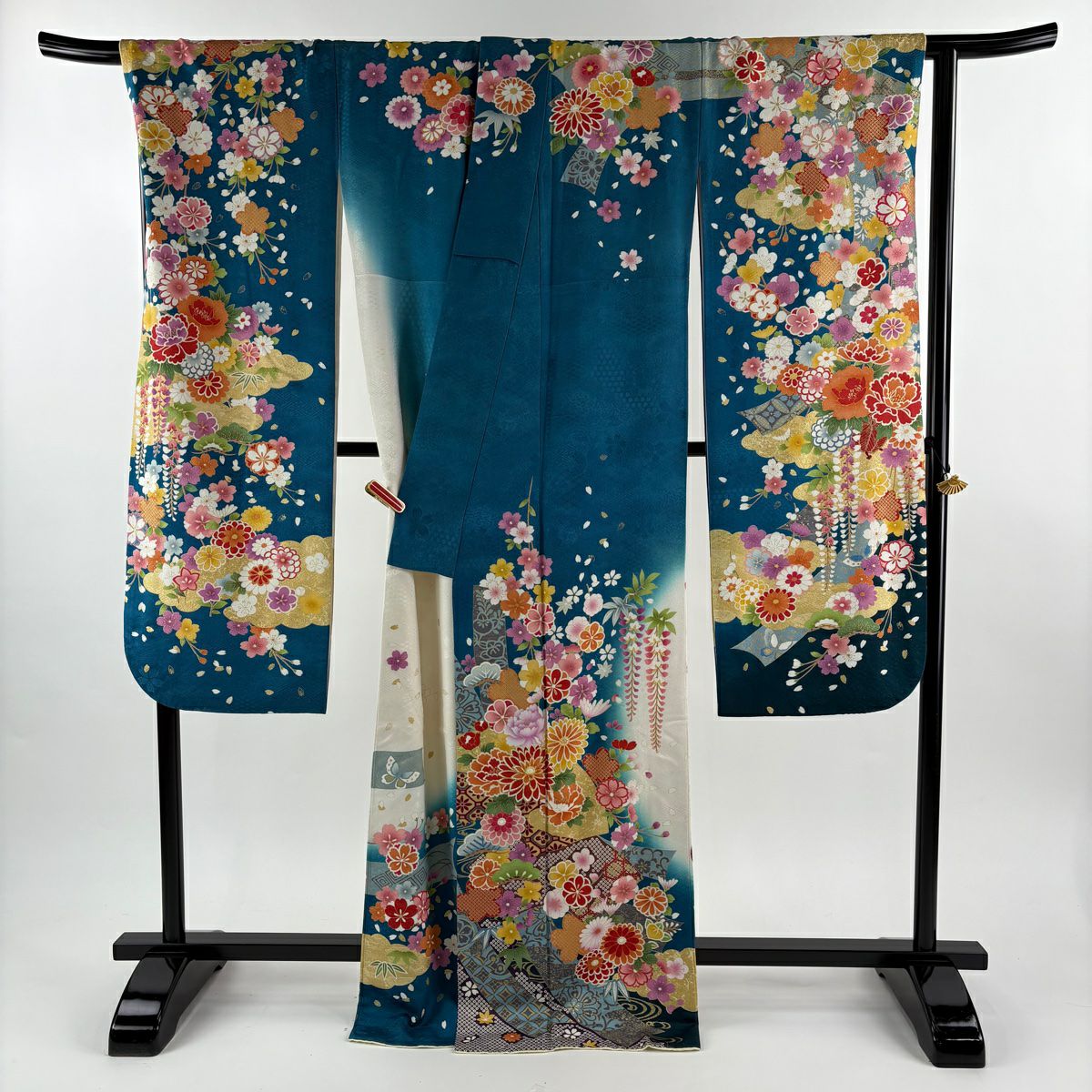振袖禮服 身長169cm 袖長69.5cm L 雙層 熨斗紋 菊花 金糸 銀通 青綠 純蠶絲 逸品級